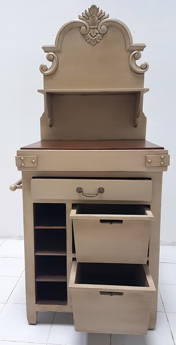 two kitchen mahogany baskets in a wooden sideboard