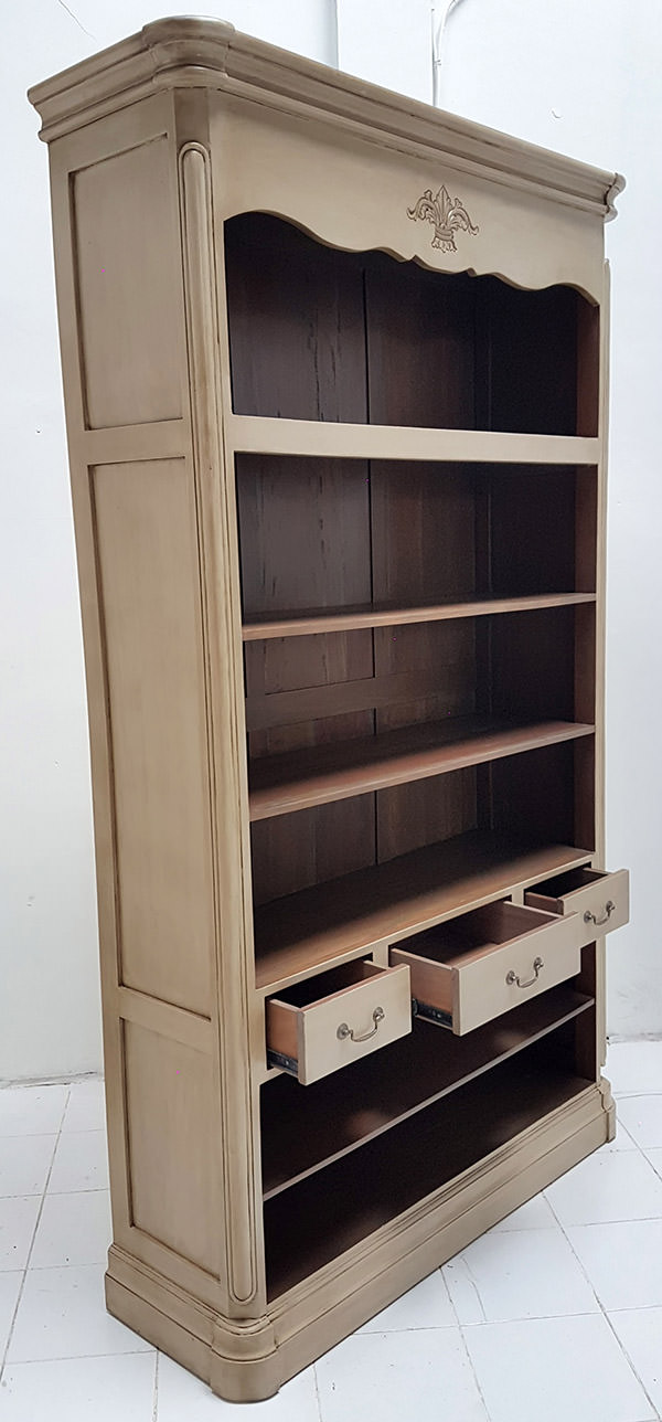 mahogany bookcase with distressed finishing