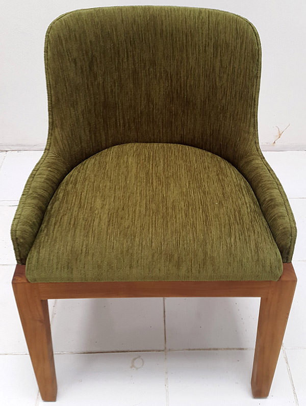 top view of the teak dining chair with green velvet upholstery