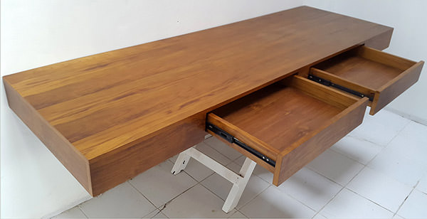 wall teak desk with two drawers with soft-closing