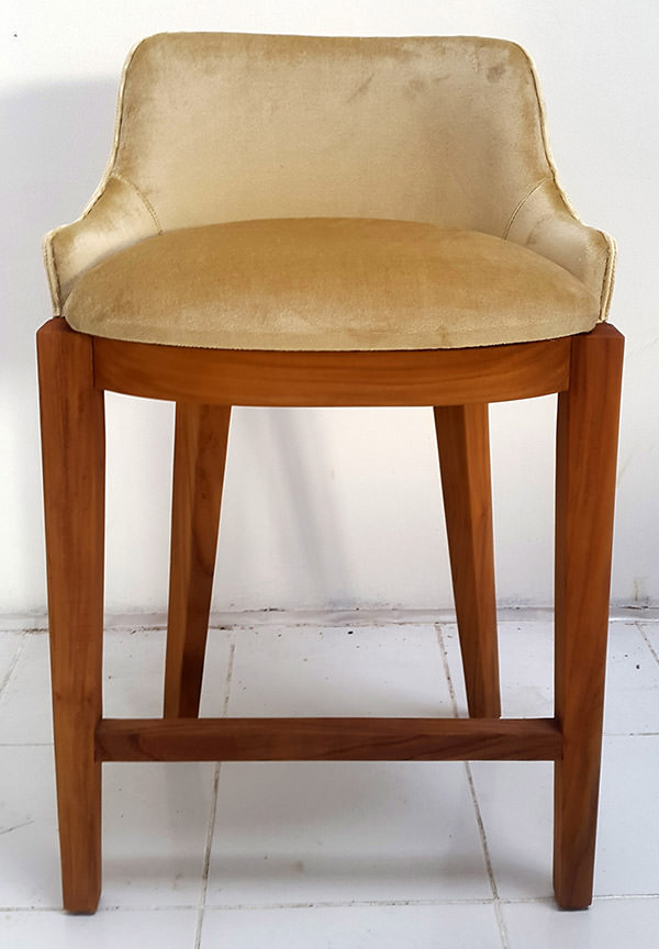 bar chair with teak legs and yellow velvet seat