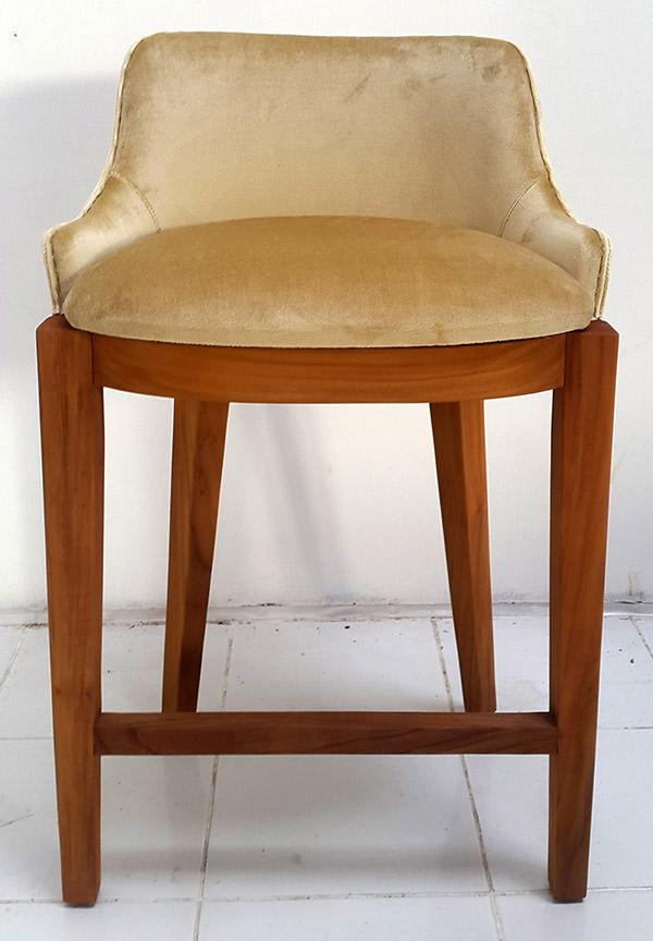 bar chair with teak legs and yellow velvet seat