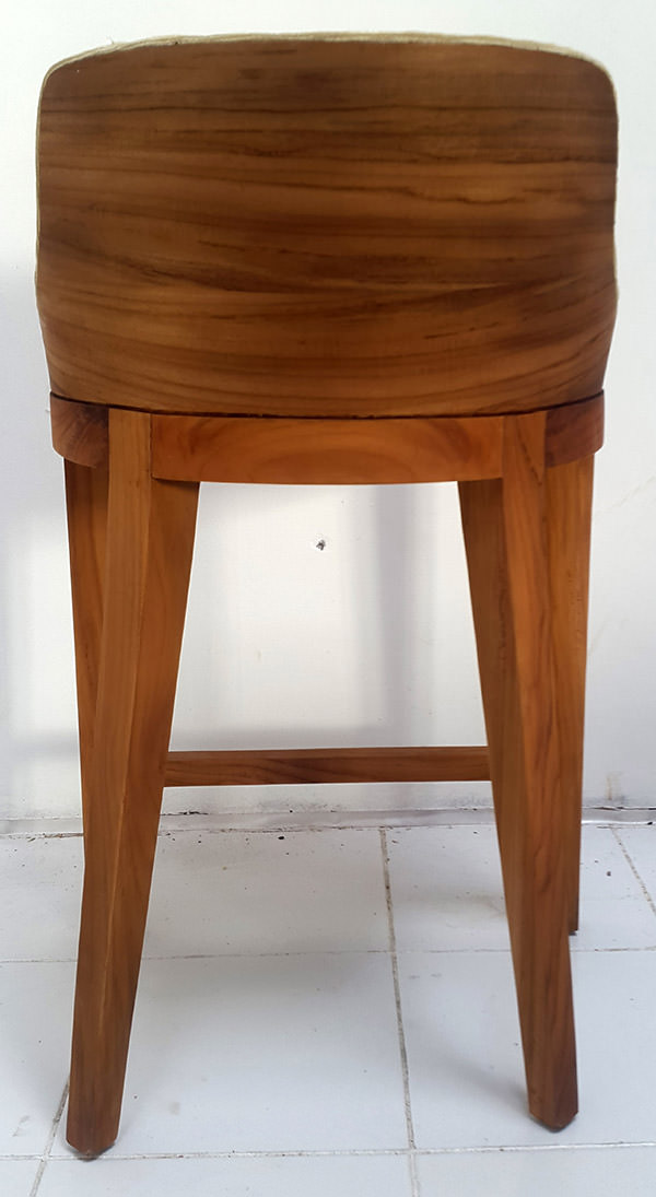 bar chair with teak legs, veneer backseat and yellow velvet seat