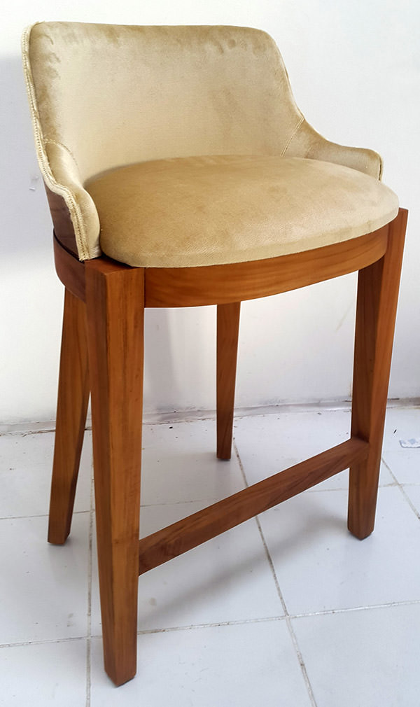 brown finish of the bar chair with teak legs and yellow velvet seat