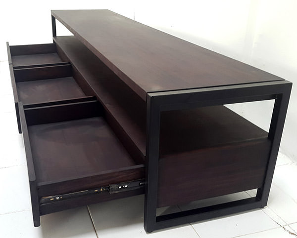 dark brown teak tv cabinet with three drawers
