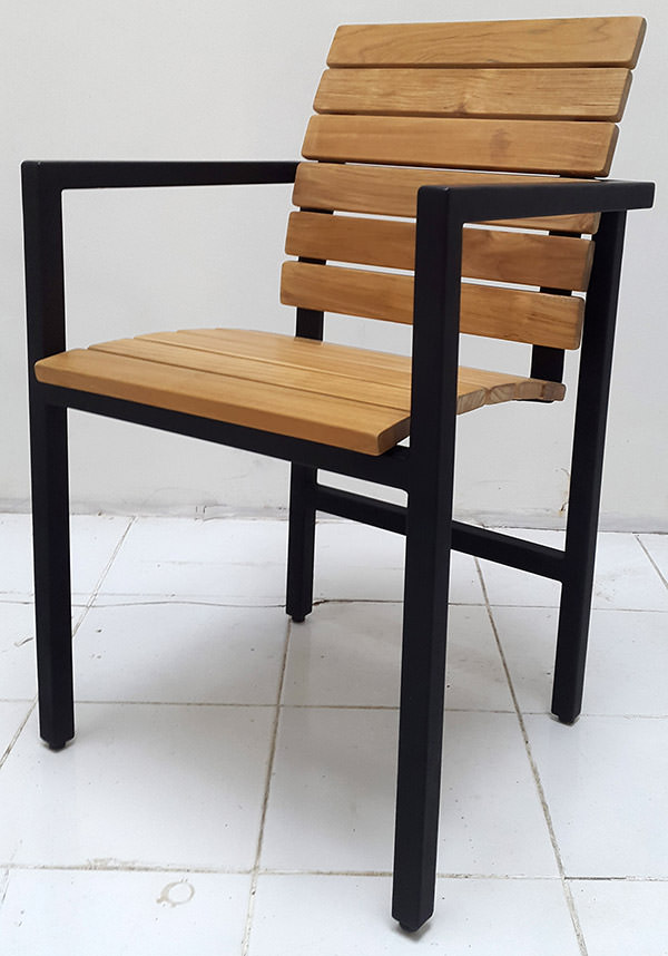 teak and black powder coated iron garden chair with squared arms