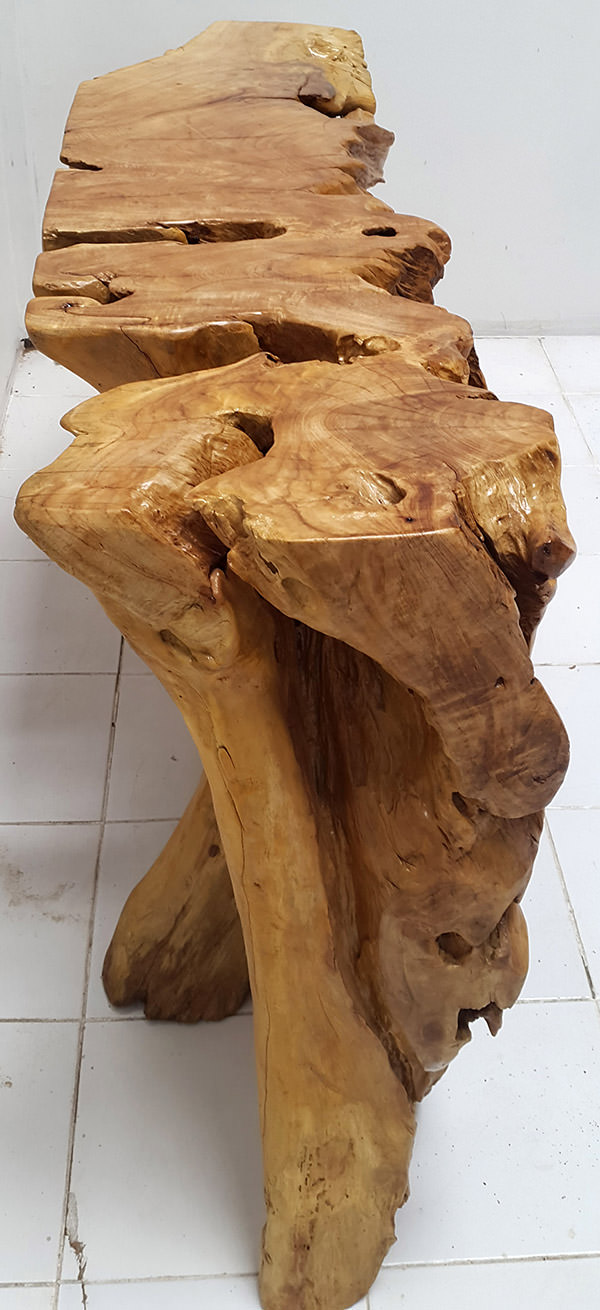 side of a unique solid teak root entrance house table with organic shape