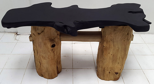 teak console table with black charcoal triple burnt top and natural shapes