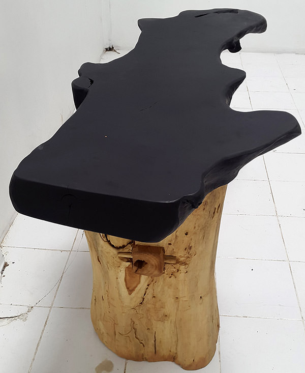 teak console table with black charcoal triple burnt top and organic shapes