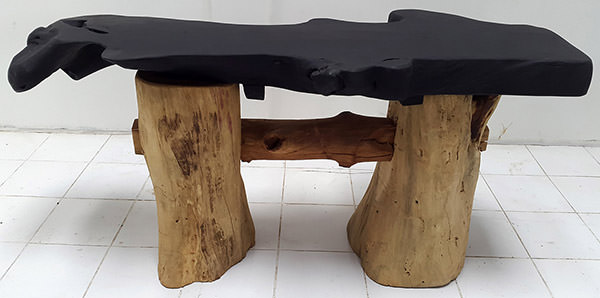 teak console table with black charcoal sugi ban top and natural shapes
