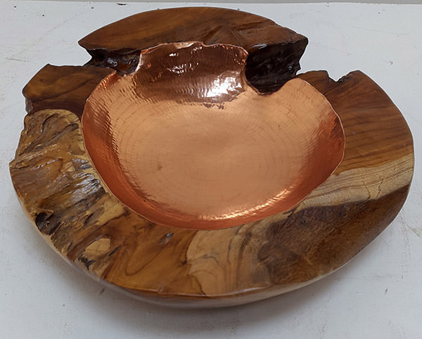 teak fruit bowl with copper inserts