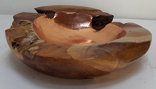 teak fruit bowl with copper inserts and natural shape