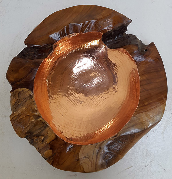 teak root fruit bowl with copper inserts