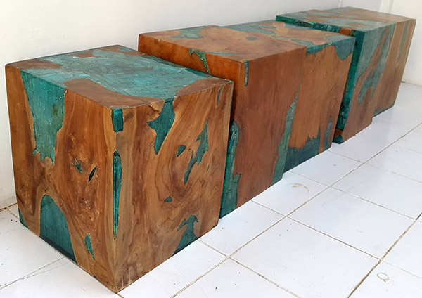 square teak root stools with resin
