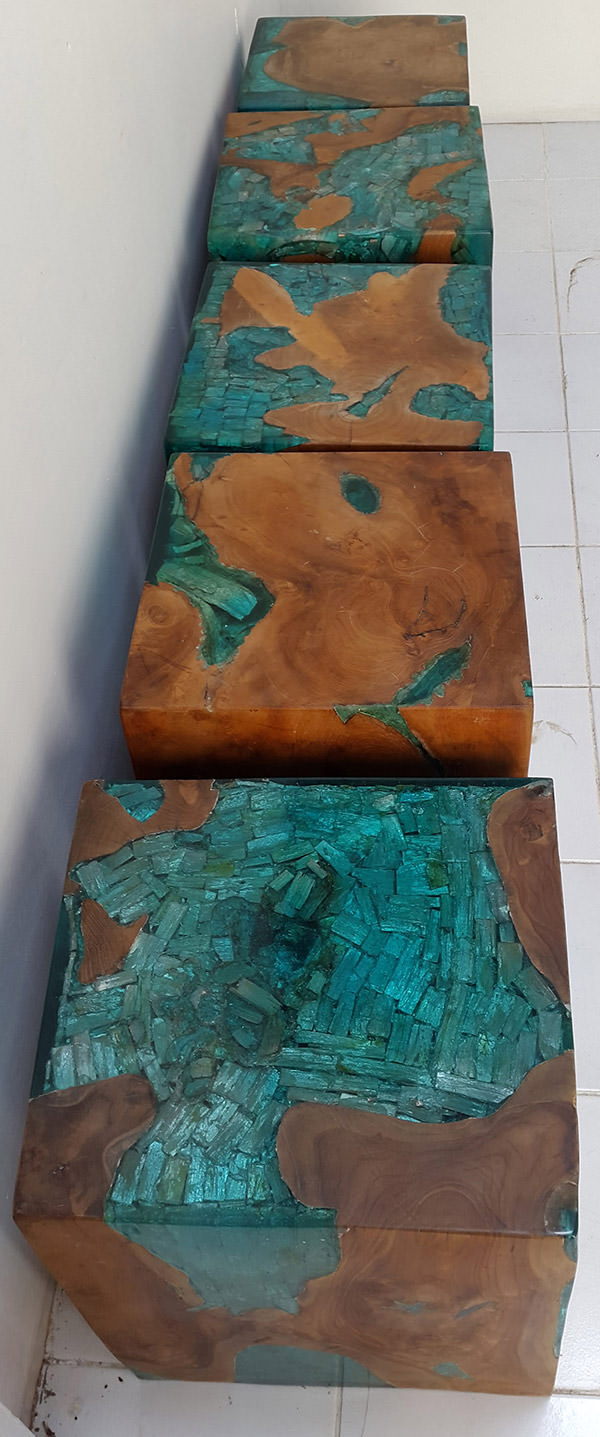 square teak root stools with resin and drift wood inserts