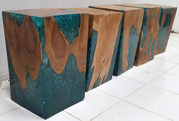 3 teak and blue resin stools