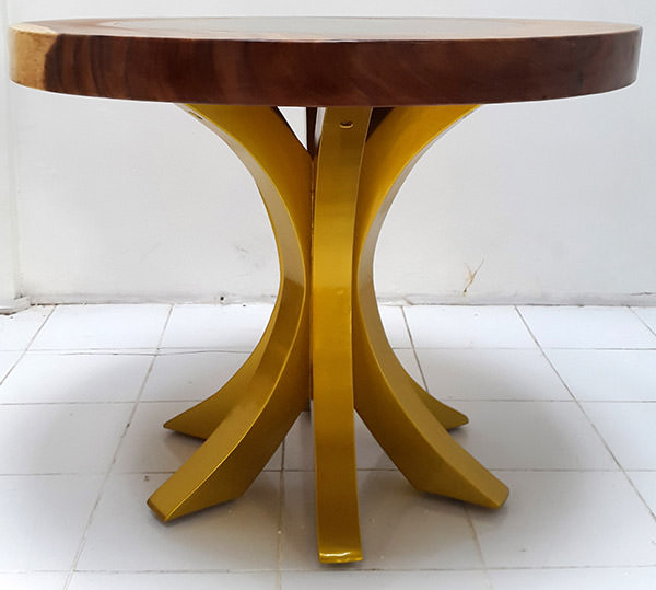 teak and resin coffee table with golden legs