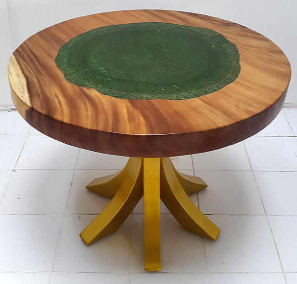 teak and green resin coffee table with golden metal legs