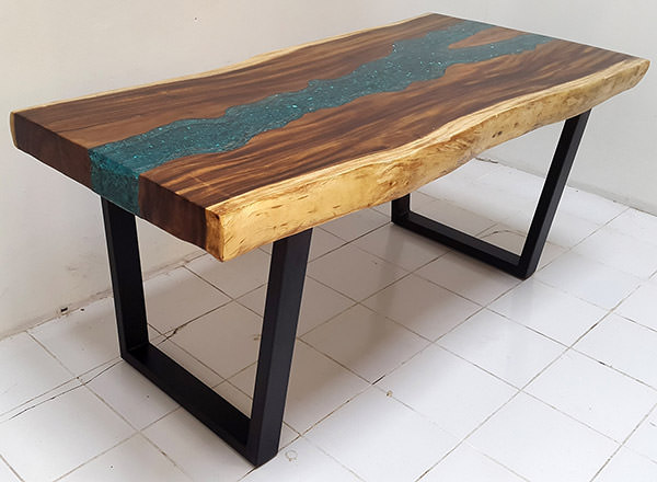 suar and resin with glass inserts table top with powder coated iron legs