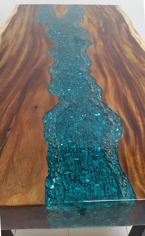 natural suar and blue resin with glass inserts table top