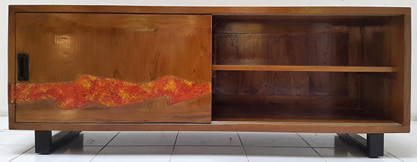 teak cabinet with red and orange resin