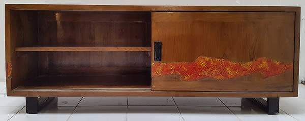 Scandinavian teak wooden cabinet with red and orange resin