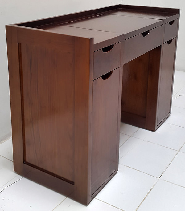 grade a teak desk with a brown stain finishing