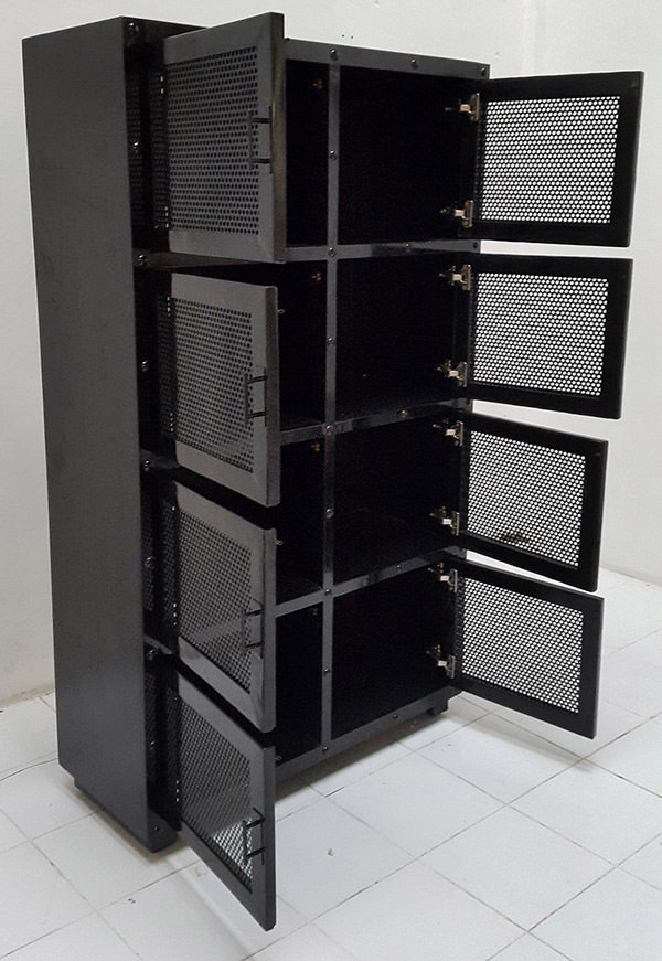 teak wood and black powder coated metal rack with 8 drawers