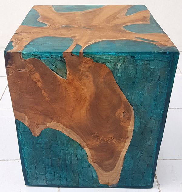 square solid teak and blue resin with drift wood inserts