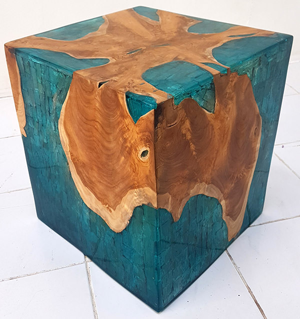 square square solid teak and blue resin with drift wood inserts