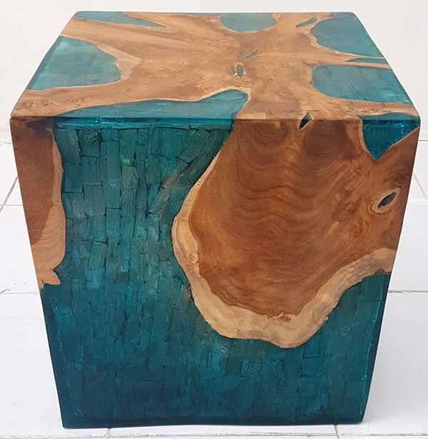 square square solid teak and blue resin with drift wood inserts with glossy finish