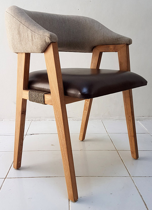 mid-century armchair with linen backseat and genuine brown italian leather seat