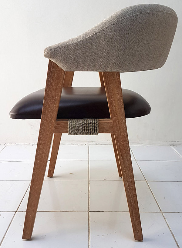 mid-century armchair with linen backseat and genuine italian leather seat