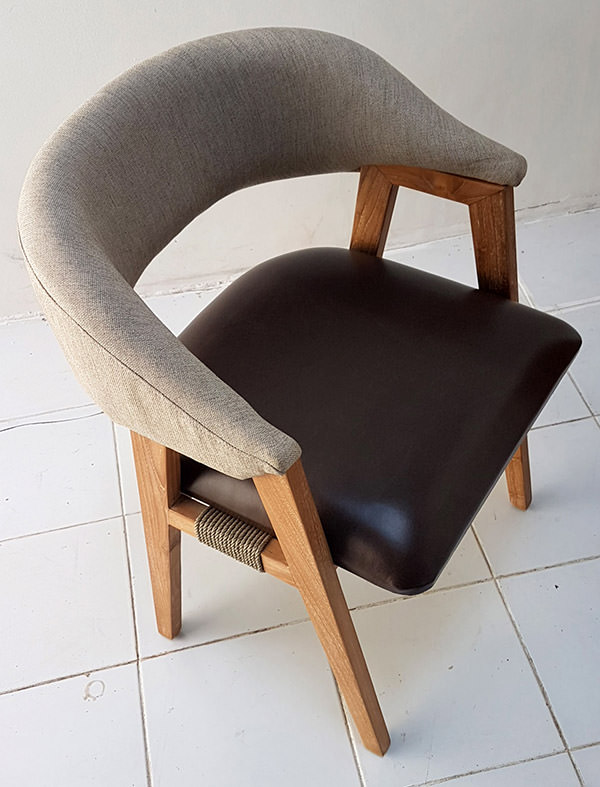 mid-century armchair with genuine brown italian leather seat and ropes around the legs