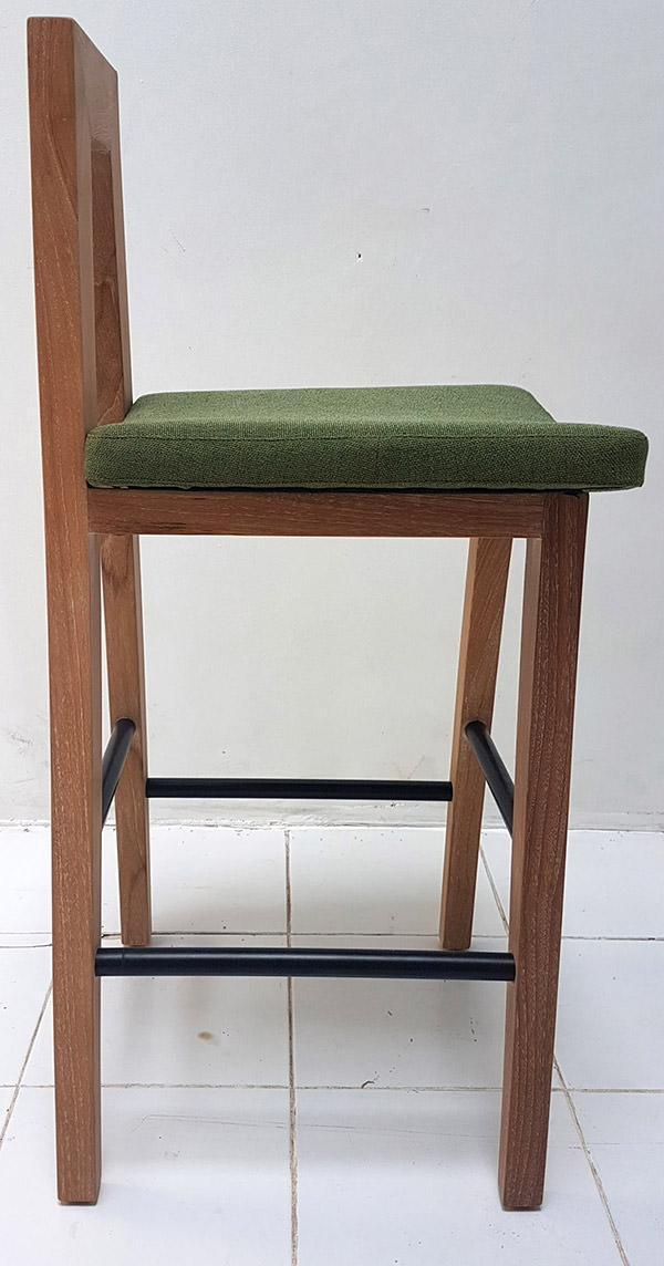 teak bar stool with plain linen seat and powder coated iron feet bar