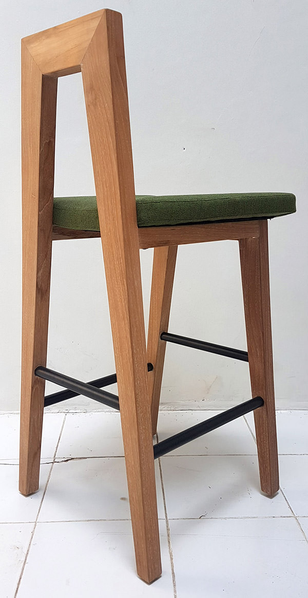 scandinavian teak bar stool with plain linen seat and powder coated iron feet bar