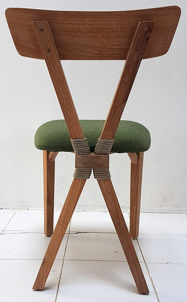 scandinavian teak dining chair with X-shaped legs and rope