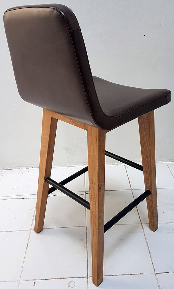 teak bar chair with genuine italian leather seating and iron bar feet