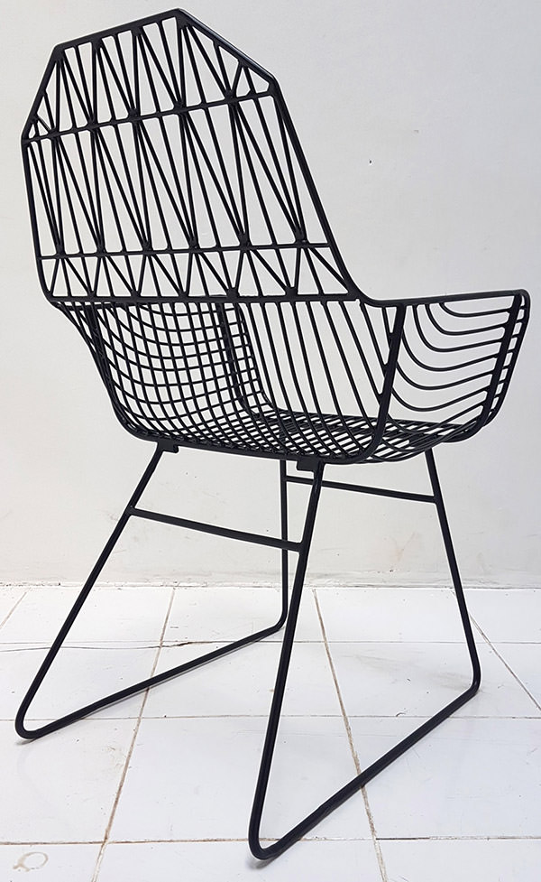 outdoor black iron armchair with geometric pattern and two legs