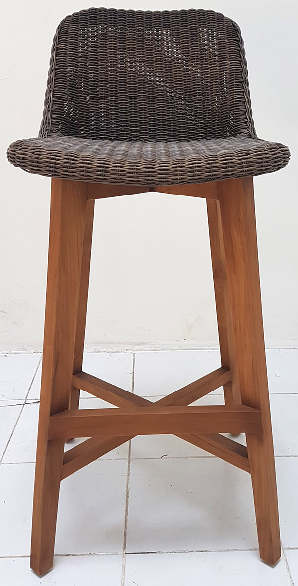 bar chair with synthetic rattan seat and teak legs
