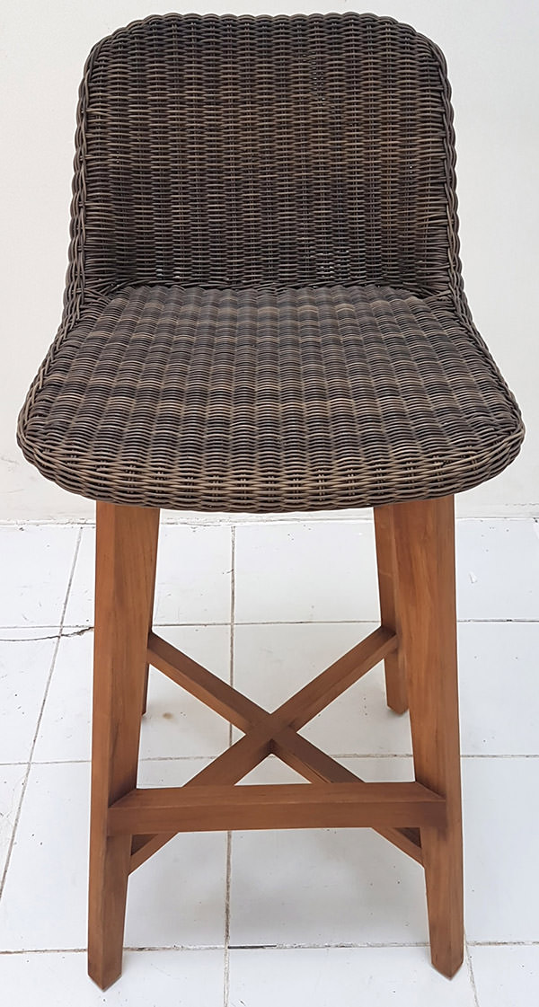 bar chair with synthetic rattan seat and teak wooden legs