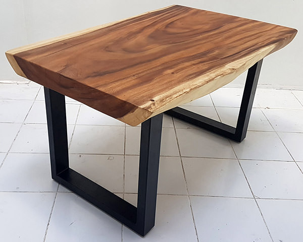 Indonesian dining table with suar slab and squared black powder coated iron legs