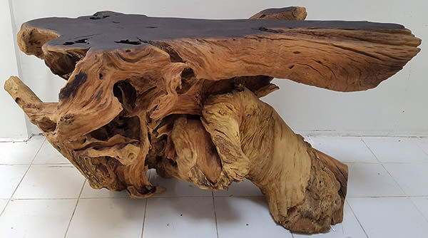teak root accent piece with sugi ban charcoal top