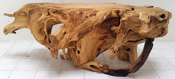 natural teak root console with organic finish