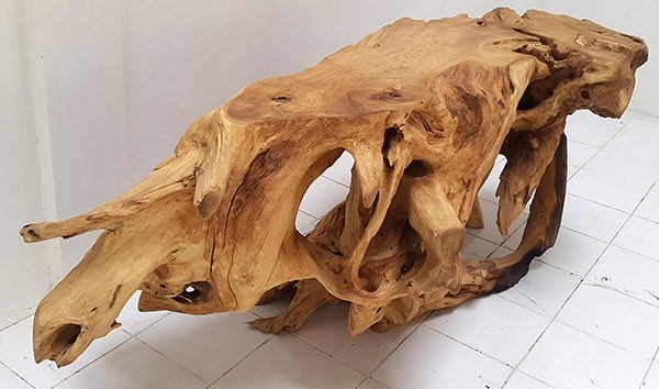 natural teak root console with unprocessed finish