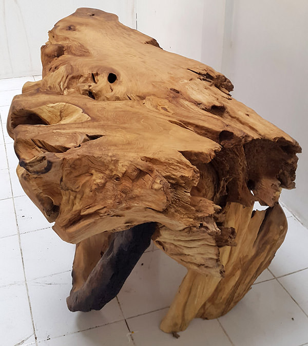 natural teak root console with raw finish