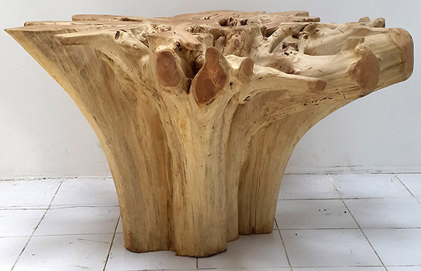 solid round teak root console table