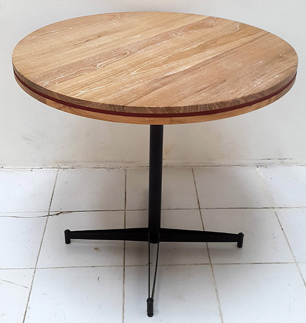 teak outdoor round table with iron legs