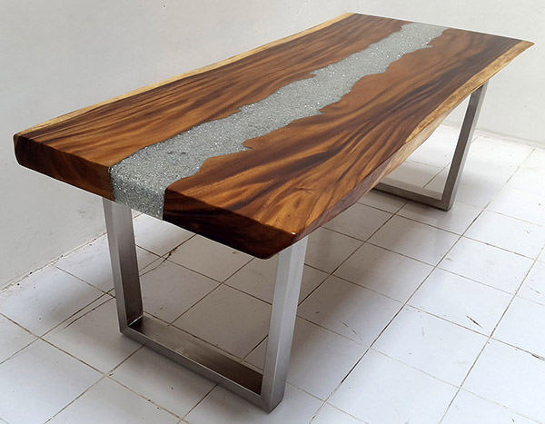 rain tree table top with resin inserts and stainless steel legs