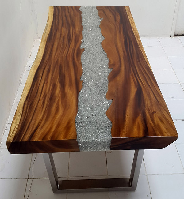 rain tree table top with resin inserts and stainless steel legs with matte finish